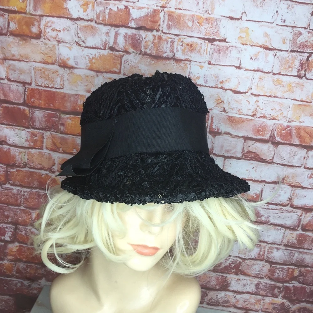 Vintage MCM Black Raffia Beach Cloche Hat